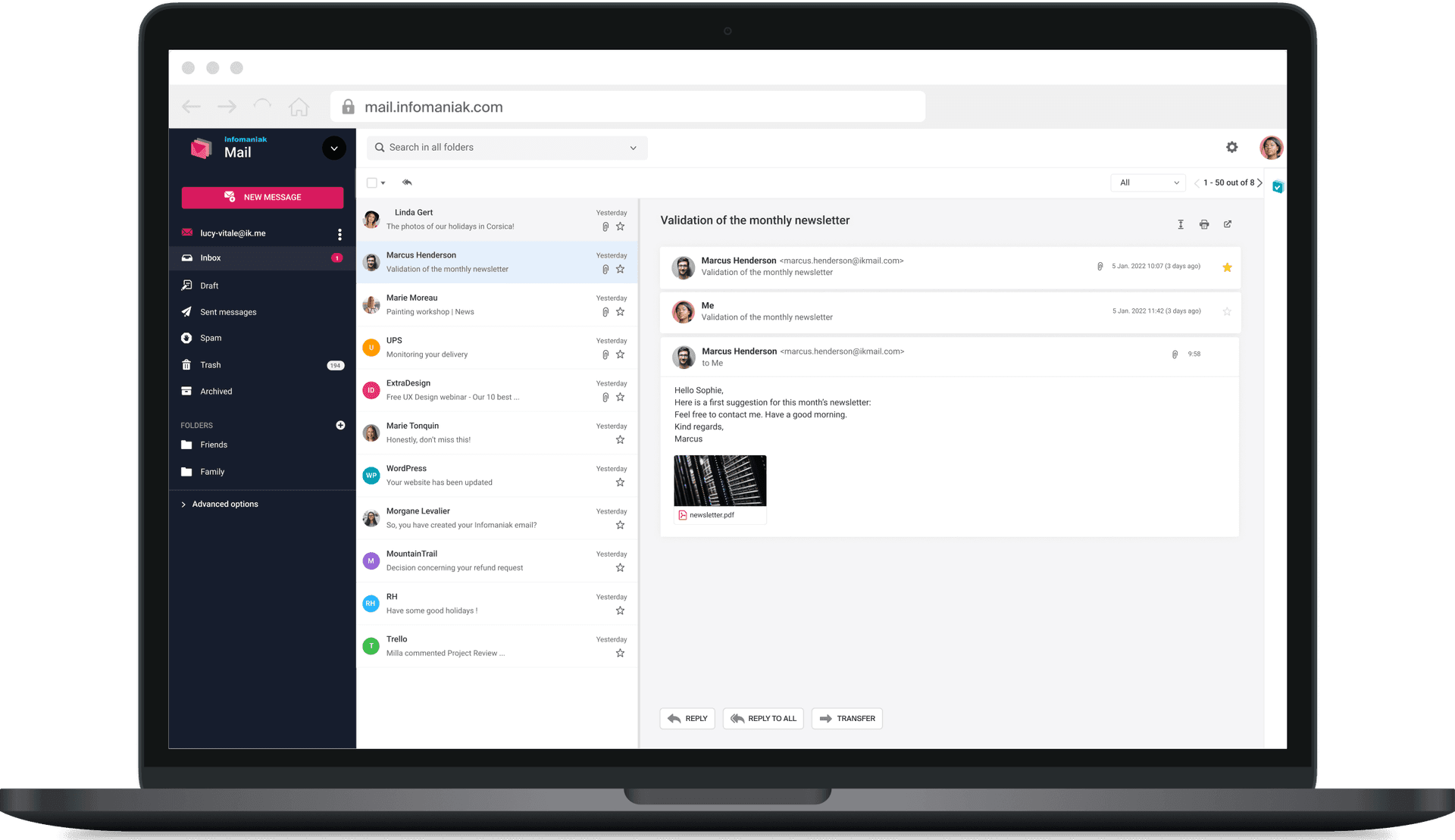 Messagerie professionnelle Mail Pro, affichée sur un ordinateur portable